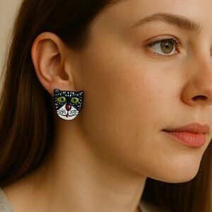 Hand painted Clip Earrings Cat design vintage wood 1.5”